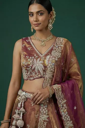 Women's Copper Brown Tissue Moti with Embroidered Lehenga Choli with Dupatta