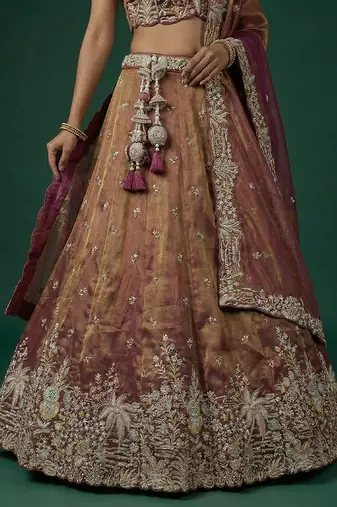 Women's Copper Brown Tissue Moti with Embroidered Lehenga Choli with Dupatta