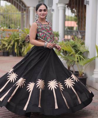 Black Roman Kutchi Gamthi Work Blouse With Gota Work Flared Lehenga 1