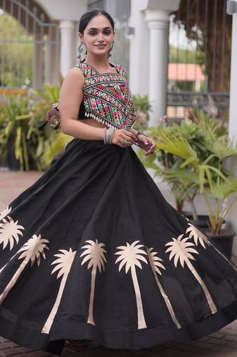 Black Roman Kutchi Gamthi Work Blouse With Gota Work Flared Lehenga