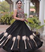 Black Roman Kutchi Gamthi Work Blouse With Gota Work Flared Lehenga