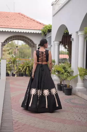 Black Roman Kutchi Gamthi Work Blouse With Gota Work Flared Lehenga