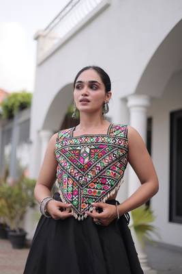 Black Roman Kutchi Gamthi Work Blouse With Gota Work Flared Lehenga 3
