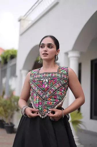 Black Roman Kutchi Gamthi Work Blouse With Gota Work Flared Lehenga