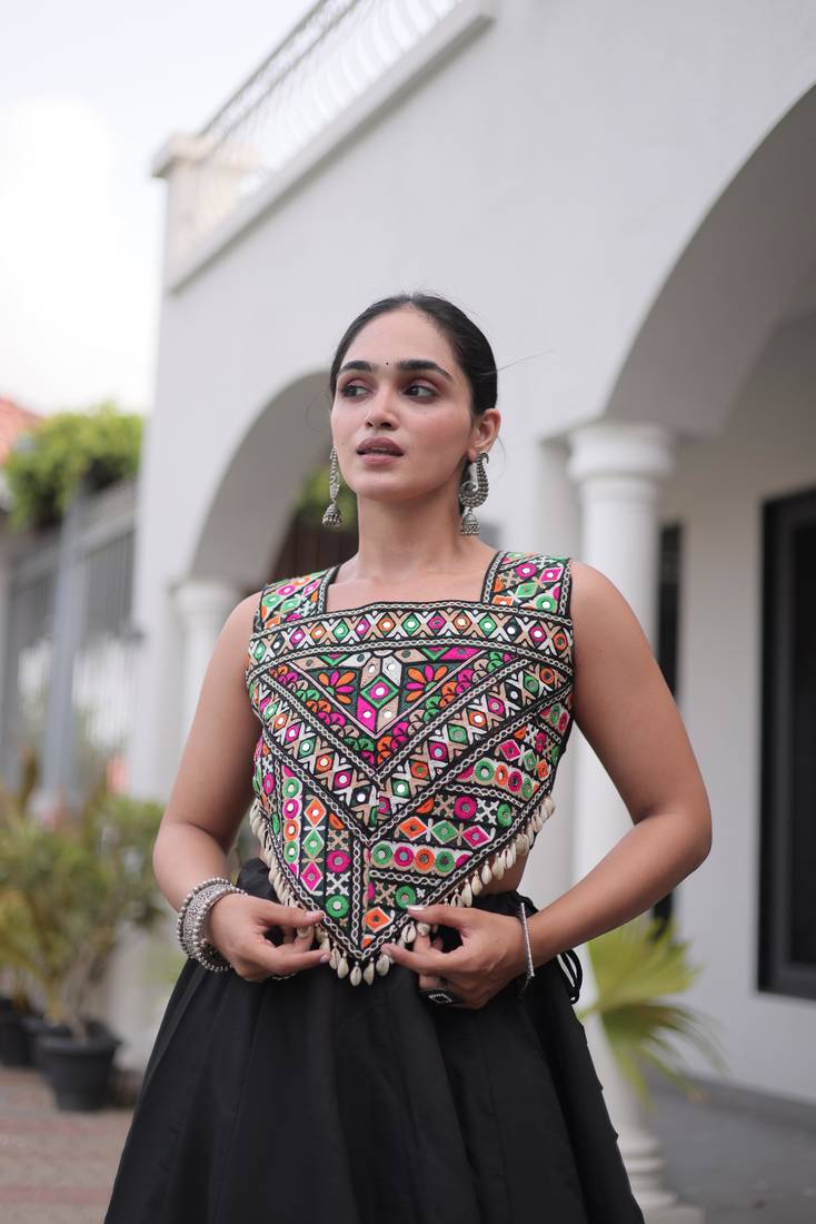 Black Roman Kutchi Gamthi Work Blouse With Gota Work Flared Lehenga
