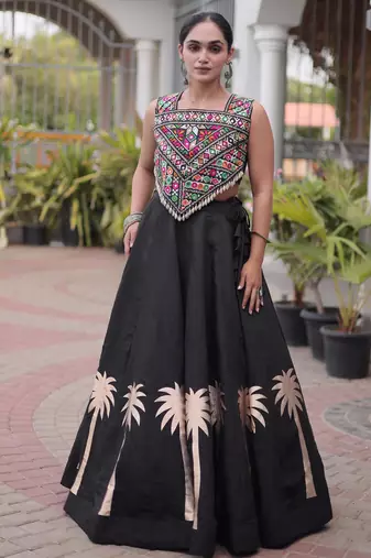 Black Roman Kutchi Gamthi Work Blouse With Gota Work Flared Lehenga