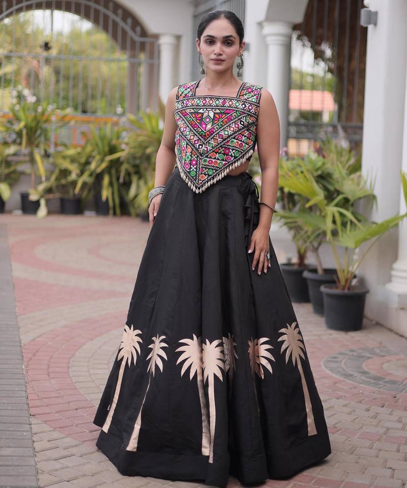 Black Roman Kutchi Gamthi Work Blouse With Gota Work Flared Lehenga