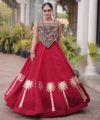 Maroon Roman Kutchi Gamthi Work Blouse With Gota Work Flared Lehenga 1