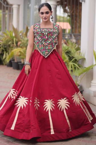 Maroon Roman Kutchi Gamthi Work Blouse With Gota Work Flared Lehenga