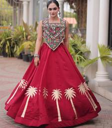 Maroon Roman Kutchi Gamthi Work Blouse With Gota Work Flared Lehenga