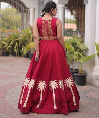 Maroon Roman Kutchi Gamthi Work Blouse With Gota Work Flared Lehenga 2