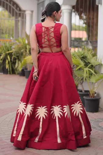 Maroon Roman Kutchi Gamthi Work Blouse With Gota Work Flared Lehenga