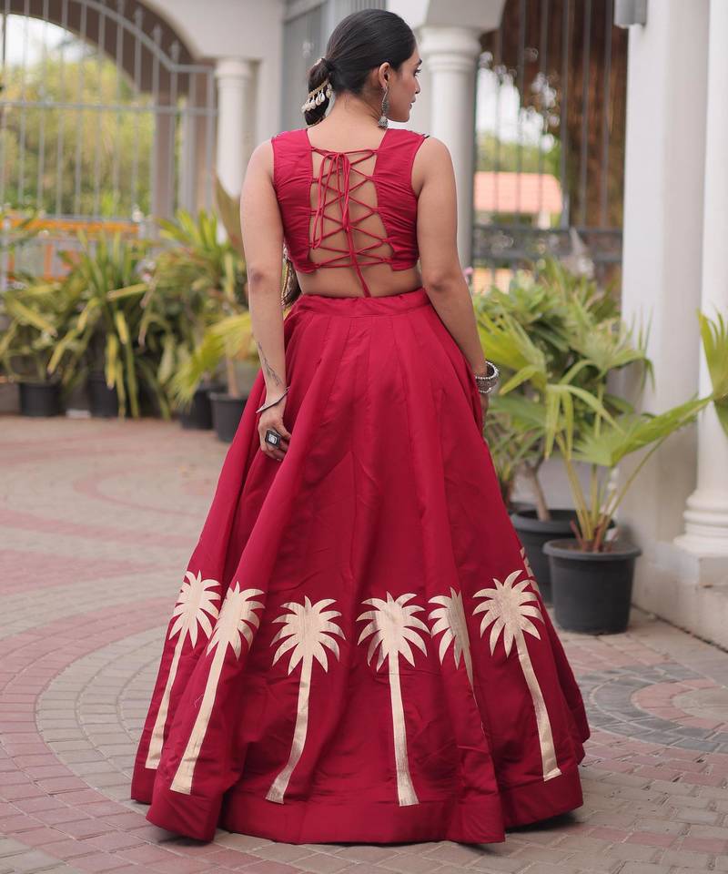 Maroon Roman Kutchi Gamthi Work Blouse With Gota Work Flared Lehenga