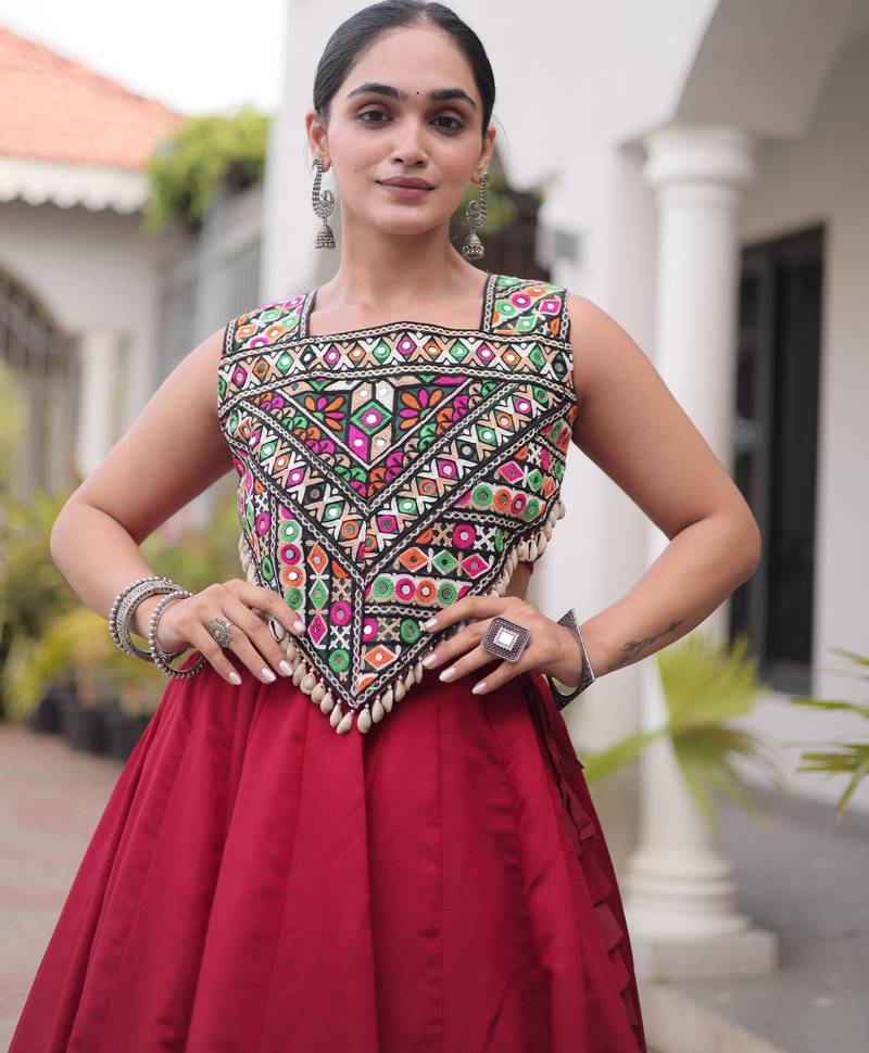 Maroon Roman Kutchi Gamthi Work Blouse With Gota Work Flared Lehenga