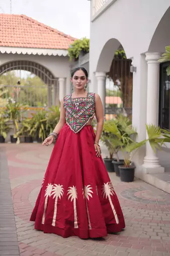 Maroon Roman Kutchi Gamthi Work Blouse With Gota Work Flared Lehenga