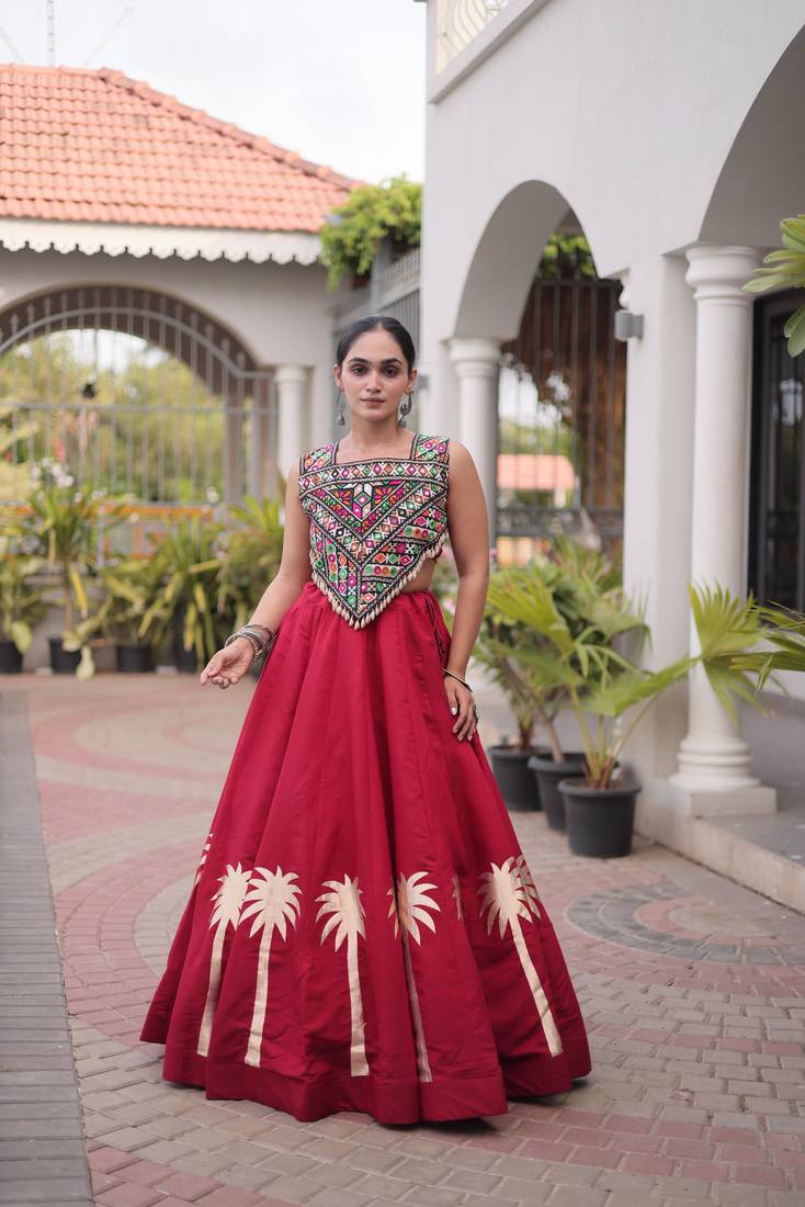 Maroon Roman Kutchi Gamthi Work Blouse With Gota Work Flared Lehenga