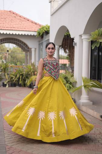 Parrot Roman Kutchi Gamthi Work Blouse With Gota Work Flared Lehenga