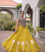 Parrot Roman Kutchi Gamthi Work Blouse With Gota Work Flared Lehenga