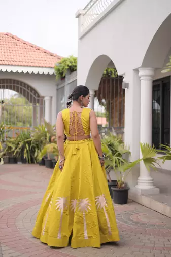 Parrot Roman Kutchi Gamthi Work Blouse With Gota Work Flared Lehenga
