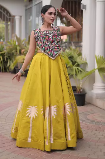Parrot Roman Kutchi Gamthi Work Blouse With Gota Work Flared Lehenga