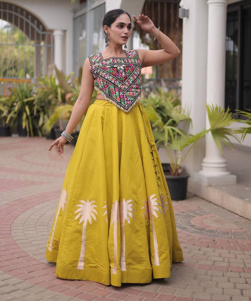 Parrot Roman Kutchi Gamthi Work Blouse With Gota Work Flared Lehenga