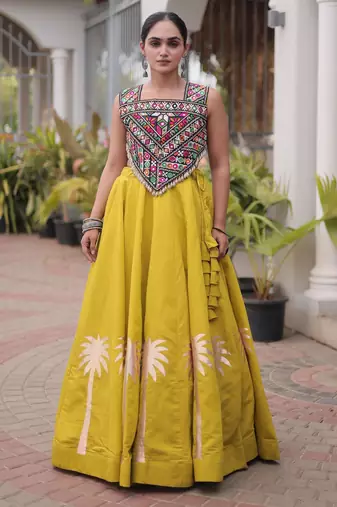 Parrot Roman Kutchi Gamthi Work Blouse With Gota Work Flared Lehenga