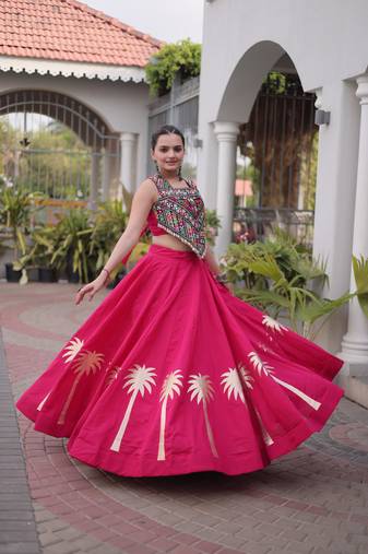 Pink Roman Kutchi Gamthi Work Blouse With Gota Work Flared Lehenga