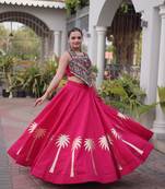 Pink Roman Kutchi Gamthi Work Blouse With Gota Work Flared Lehenga