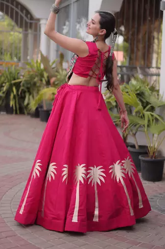 Pink Roman Kutchi Gamthi Work Blouse With Gota Work Flared Lehenga
