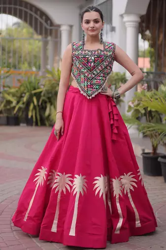 Pink Roman Kutchi Gamthi Work Blouse With Gota Work Flared Lehenga