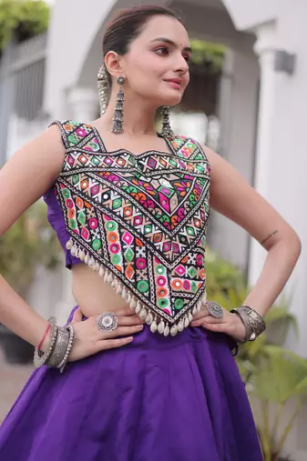 Purple Roman Kutchi Gamthi Work Blouse With Gota Work Flared Lehenga