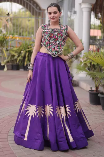 Purple Roman Kutchi Gamthi Work Blouse With Gota Work Flared Lehenga