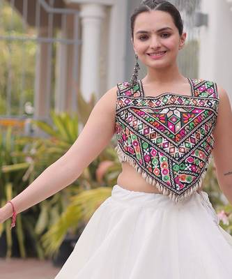 White Roman Kutchi Gamthi Work Blouse With Gota Work Flared Lehenga 2