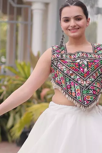 White Roman Kutchi Gamthi Work Blouse With Gota Work Flared Lehenga