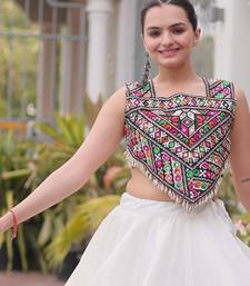 White Roman Kutchi Gamthi Work Blouse With Gota Work Flared Lehenga