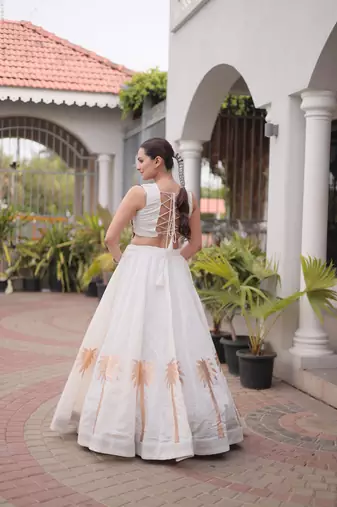 White Roman Kutchi Gamthi Work Blouse With Gota Work Flared Lehenga