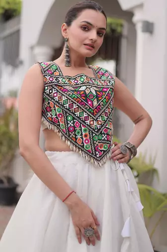 White Roman Kutchi Gamthi Work Blouse With Gota Work Flared Lehenga