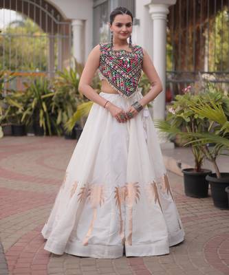 White Roman Kutchi Gamthi Work Blouse With Gota Work Flared Lehenga 1