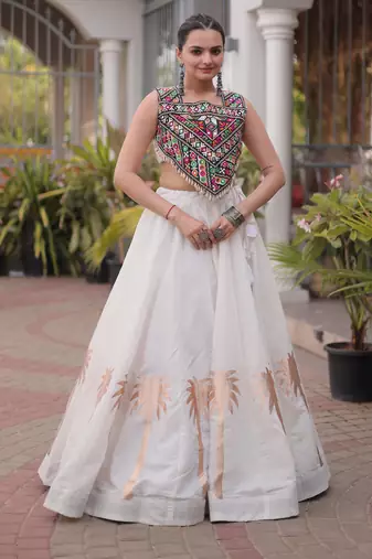 White Roman Kutchi Gamthi Work Blouse With Gota Work Flared Lehenga