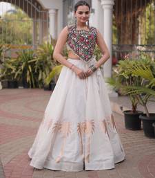 White Roman Kutchi Gamthi Work Blouse With Gota Work Flared Lehenga