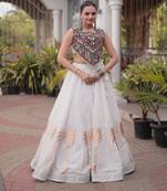 White Roman Kutchi Gamthi Work Blouse With Gota Work Flared Lehenga