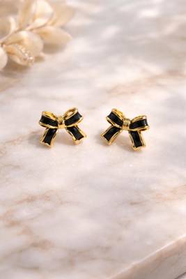 Stylish black & gold bow stud earring 1