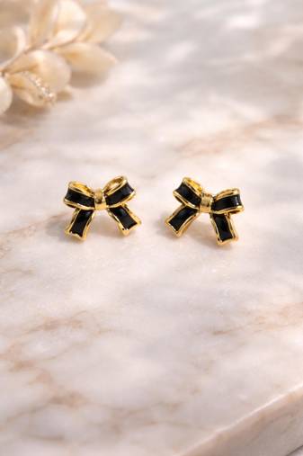 Stylish black & gold bow stud earring