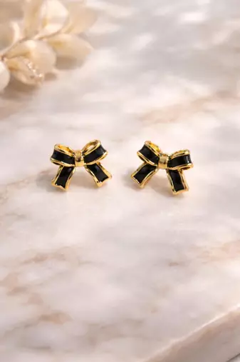 Stylish black & gold bow stud earring
