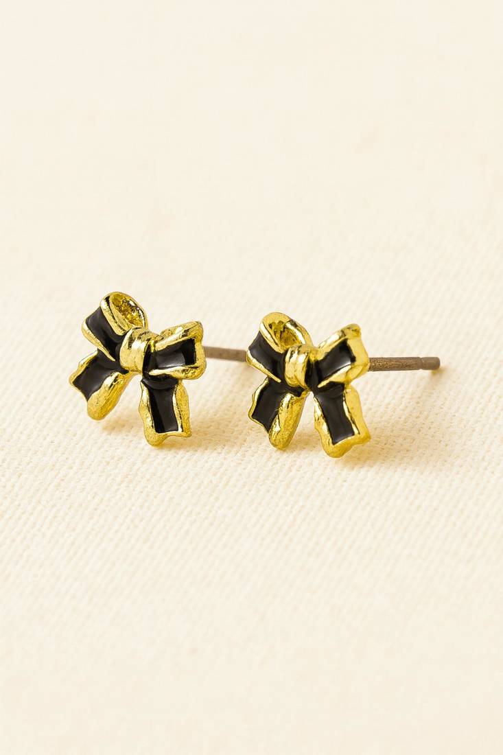 Stylish black & gold bow stud earring