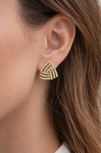 Black triangular stud earrings with crystals, gold plated, geometric design