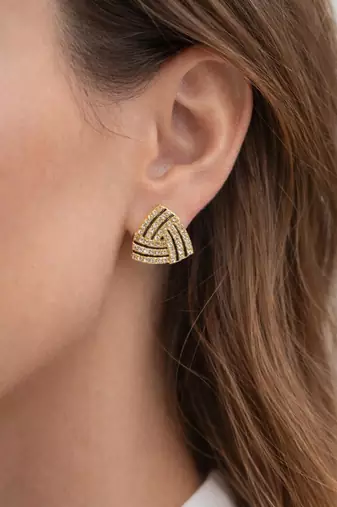 Black triangular stud earrings with crystals, gold plated, geometric design