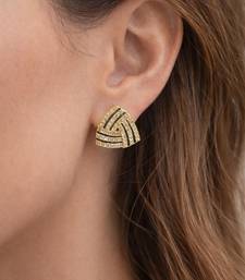 Black triangular stud earrings with crystals, gold plated, geometric design
