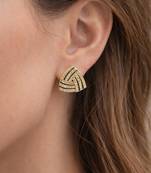 Black triangular stud earrings with crystals, gold plated, geometric design