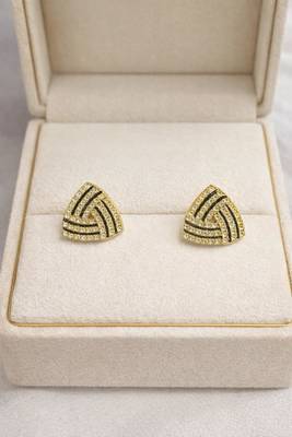 Black triangular stud earrings with crystals, gold plated, geometric design 2